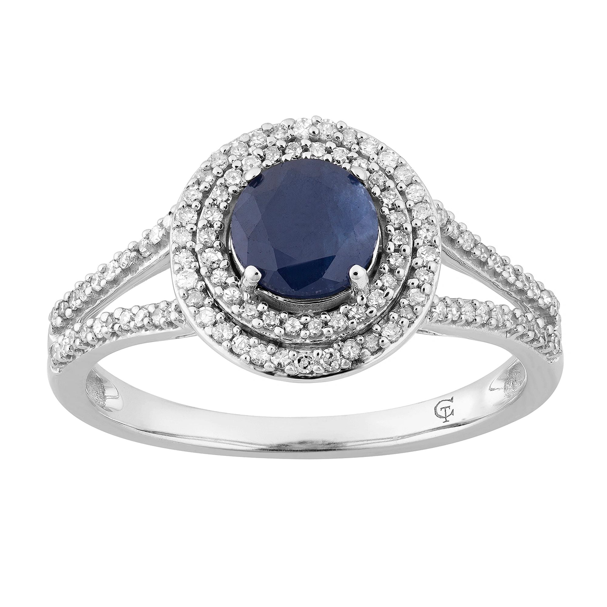 10k White Gold Sapphire & 1/3 Carat T.W. Diamond Halo Ring