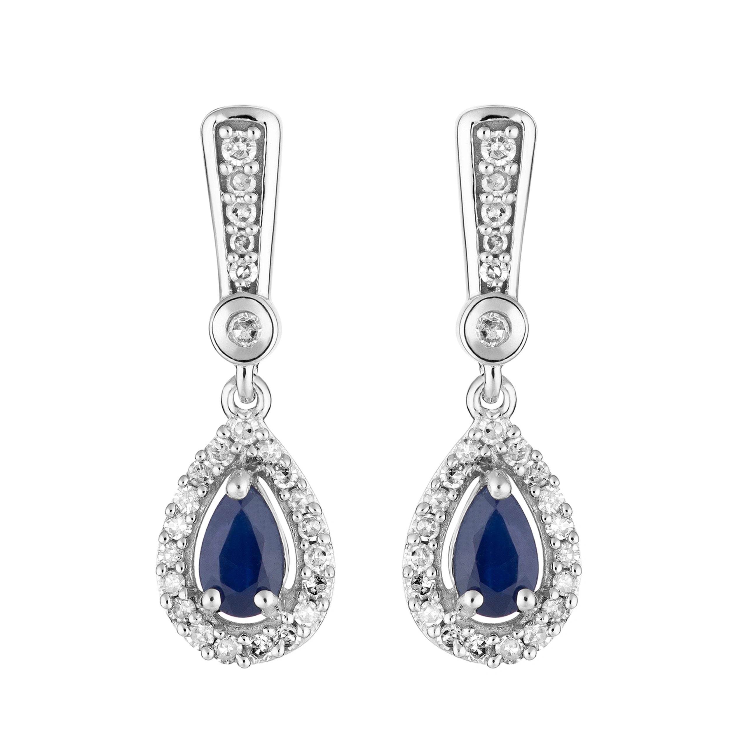 10k White Gold Sapphire & 1/5 Carat T.W. Diamond Halo Drop Earrings