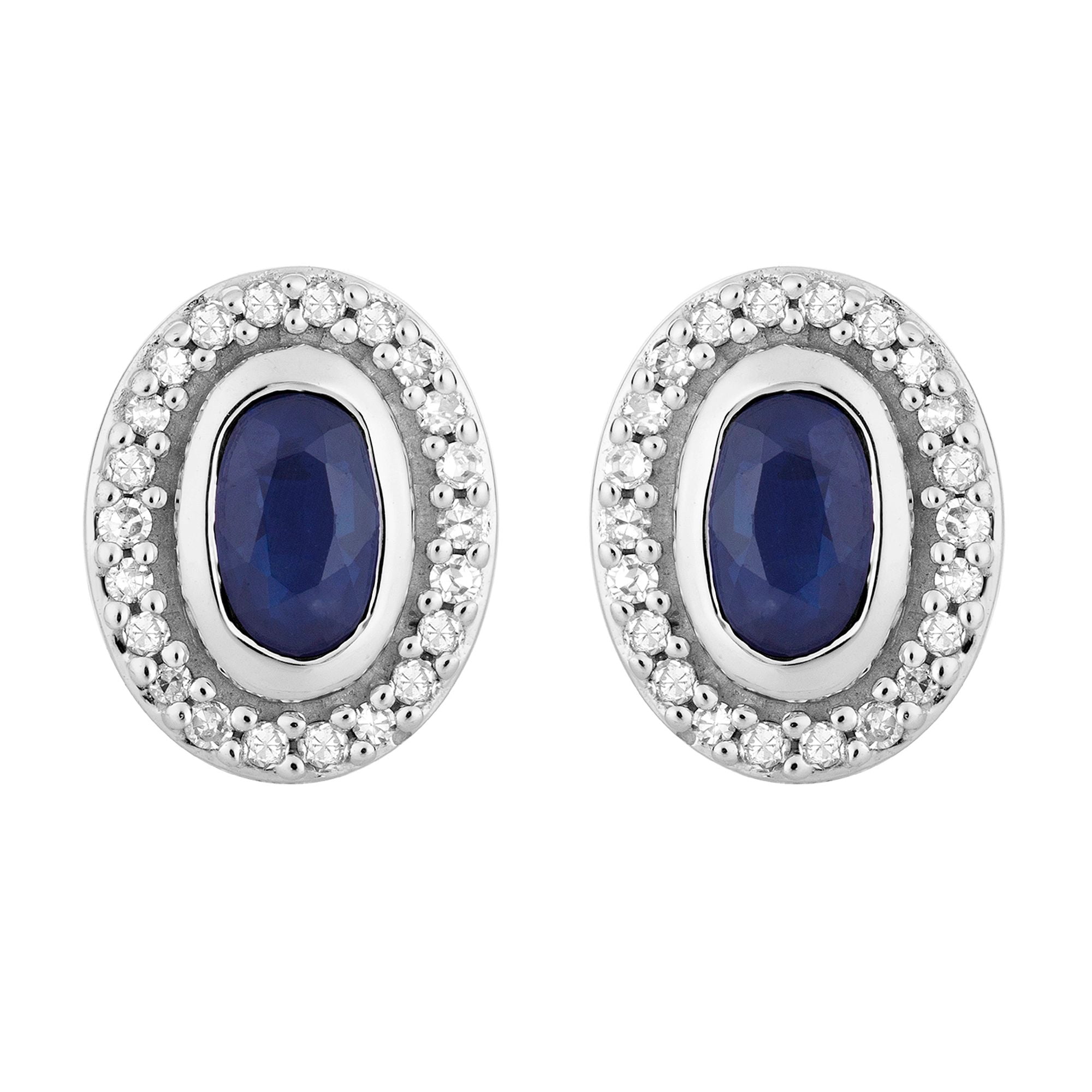 10k White Gold Sapphire & 1/8 Carat T.W. Diamond Oval Halo Stud Earrings