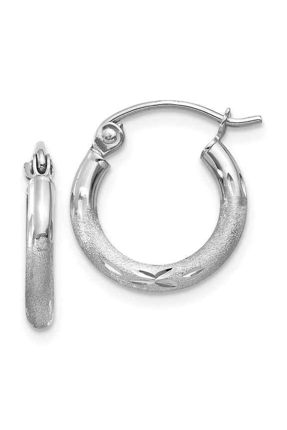 10k White Gold Satin and Diamond-cut 2mm Round Hoop Earrings