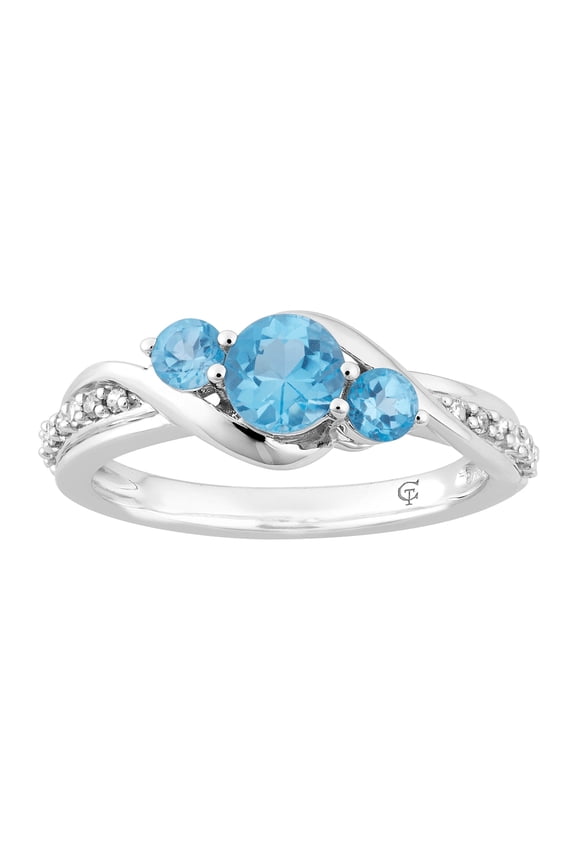 10k White Gold Swiss Blue Topaz & 1/10 Carat T.W. Diamond 3-Stone Ring