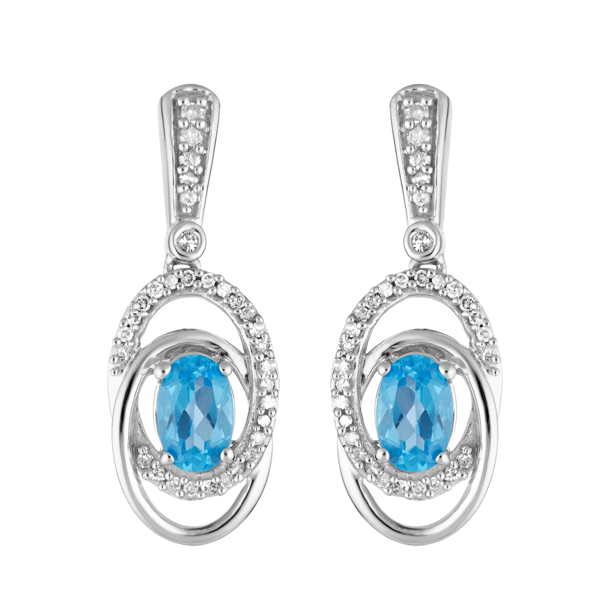 10k White Gold Swiss Blue Topaz & 1/5 Carat T.W. Diamond Interlocking Hoop Drop Earrings