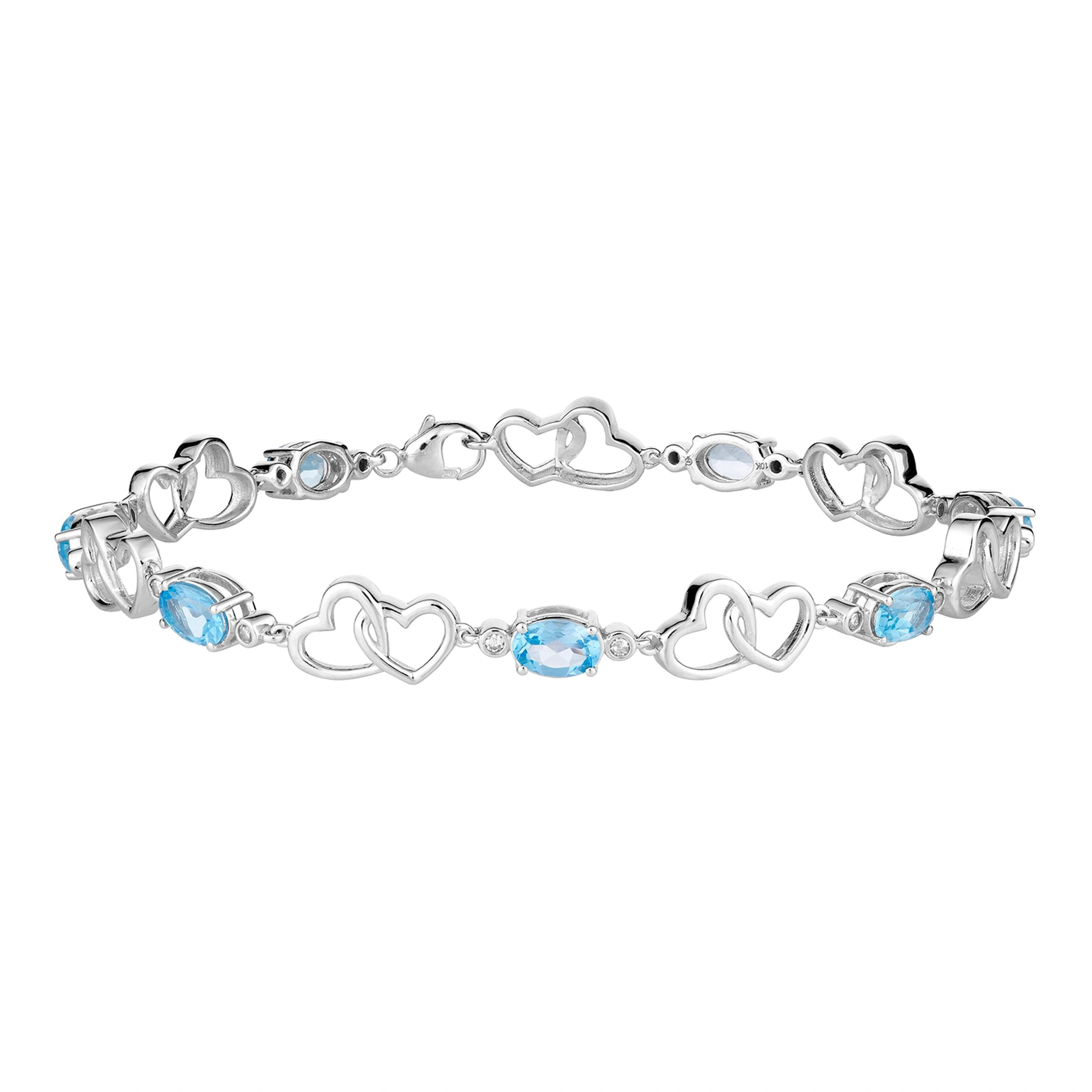 10k White Gold Swiss Blue Topaz & 1/6 Carat T.W. Diamond Double Heart Link Bracelet