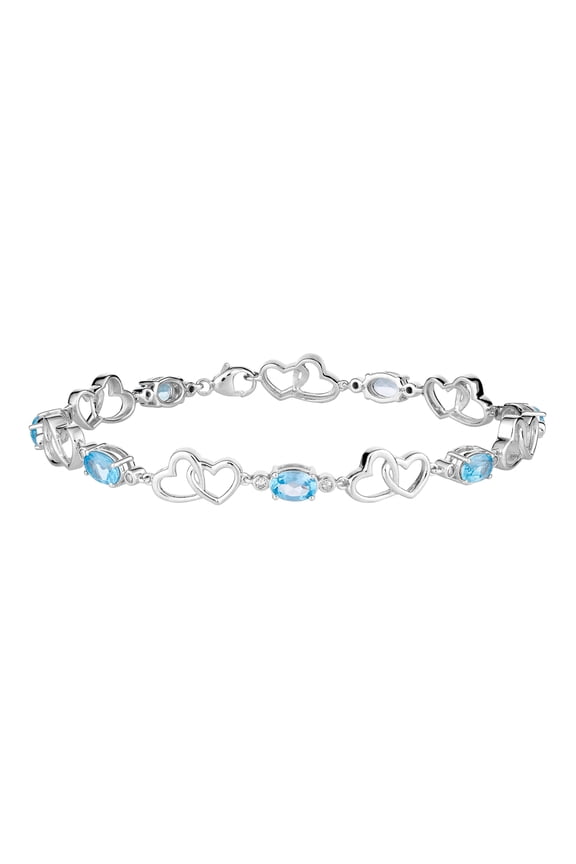 10k White Gold Swiss Blue Topaz & 1/6 Carat T.W. Diamond Double Heart Link Bracelet