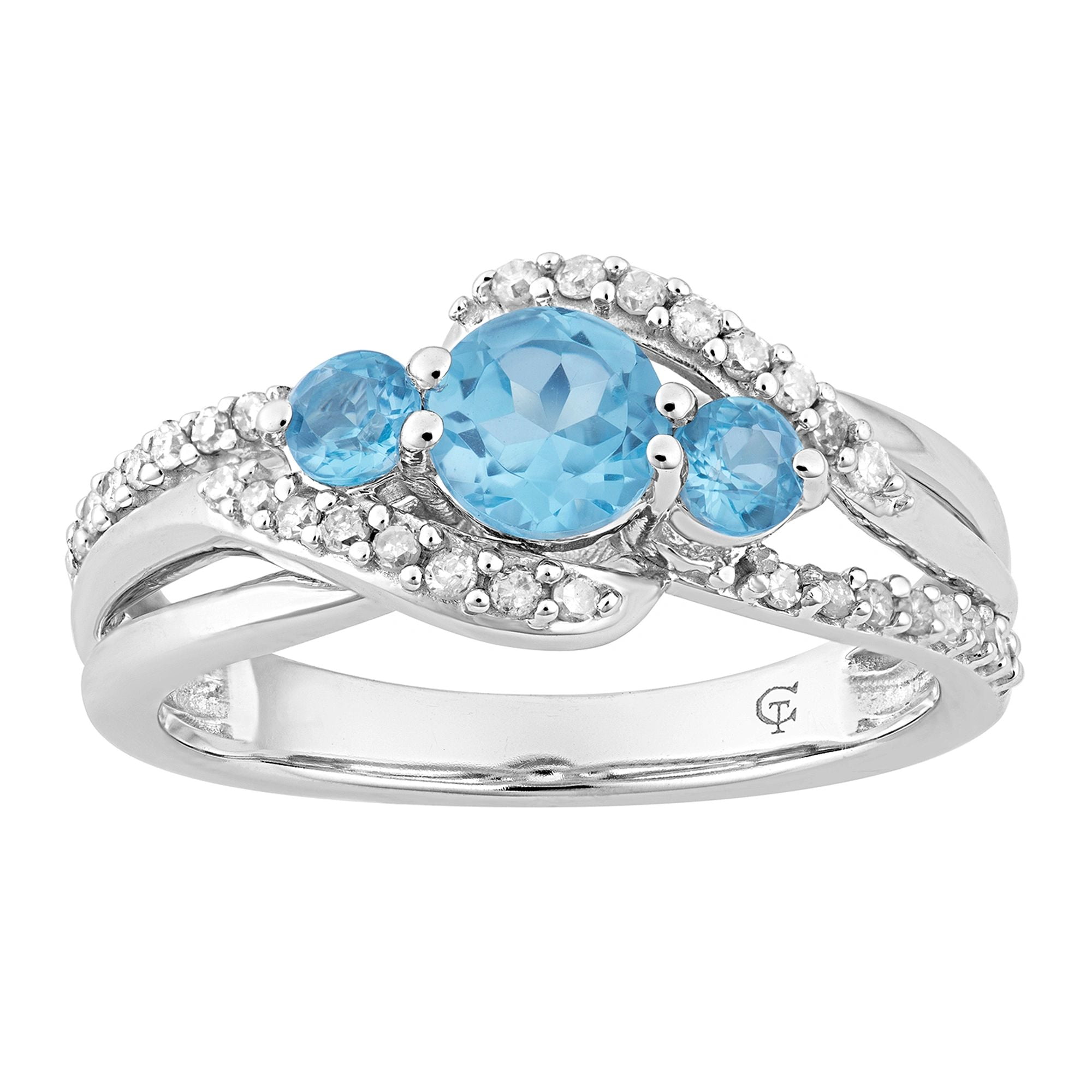 10k White Gold Swiss Blue Topaz & Diamond Accent 3-Stone Ring