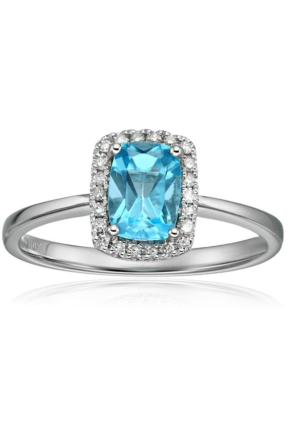 10k White Gold Swiss Blue Topaz and Diamond Cushion Halo Engagement Ring (1/10cttw, H-I Color, I1-I2 Clarity), Size 7