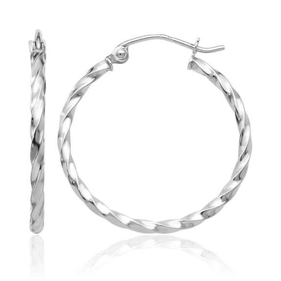 10K Solid White Gold Twisted Round Medium Hoop Earrings