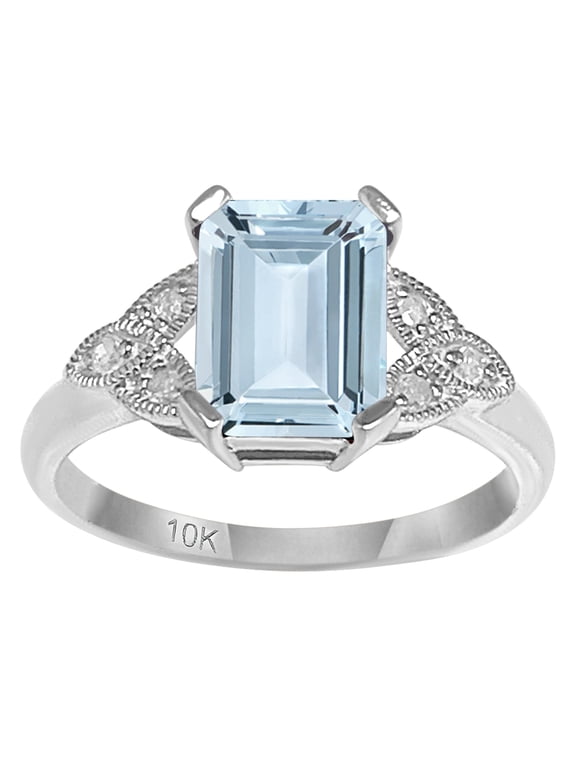 10k White Gold Vintage Style Genuine Emerald-Cut Aquamarine and Diamond Ring