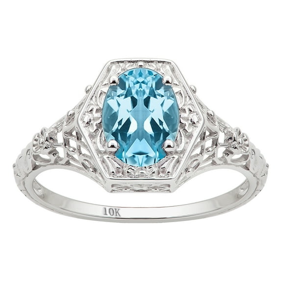 10k White Gold Vintage Style Genuine Oval Blue Topaz Filigree Ring