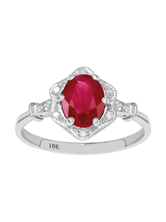 10k White Gold Vintage Style Genuine Oval Ruby and Diamond Halo Ring