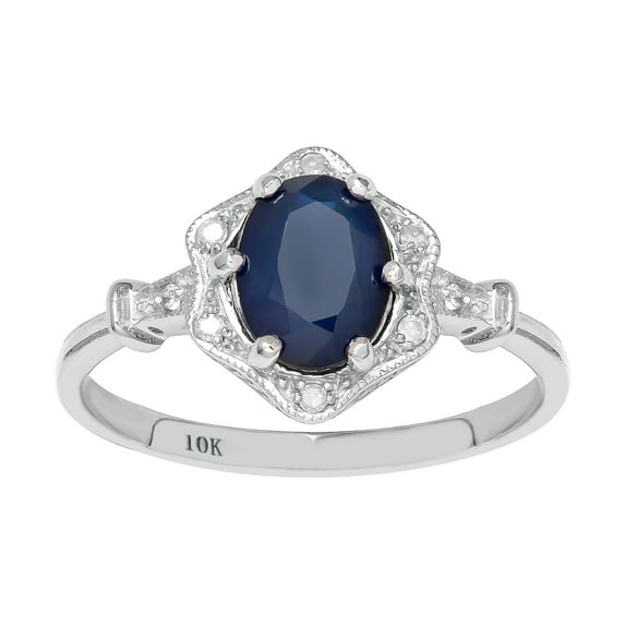 10k White Gold Vintage Style Genuine Oval Sapphire and Diamond Halo Ring