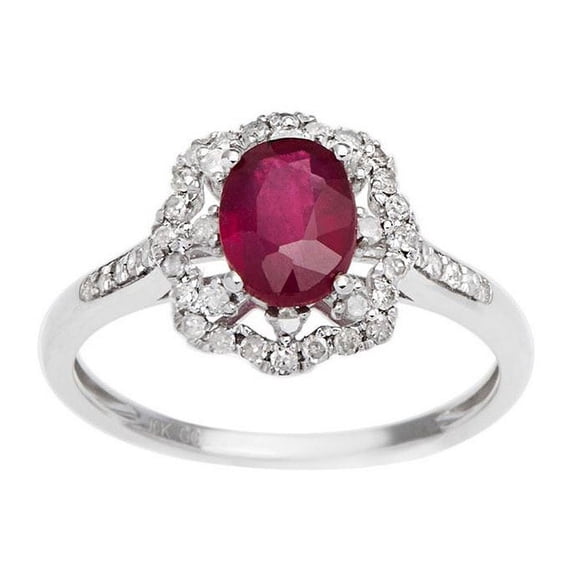 10k White Gold Vintage Style Oval Ruby and Halo Diamond Ring