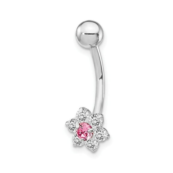 10k White Gold With Cubic Zirconia Flower Pink Cntr Belly Ring Dangle - Measures 20x7mm Wide