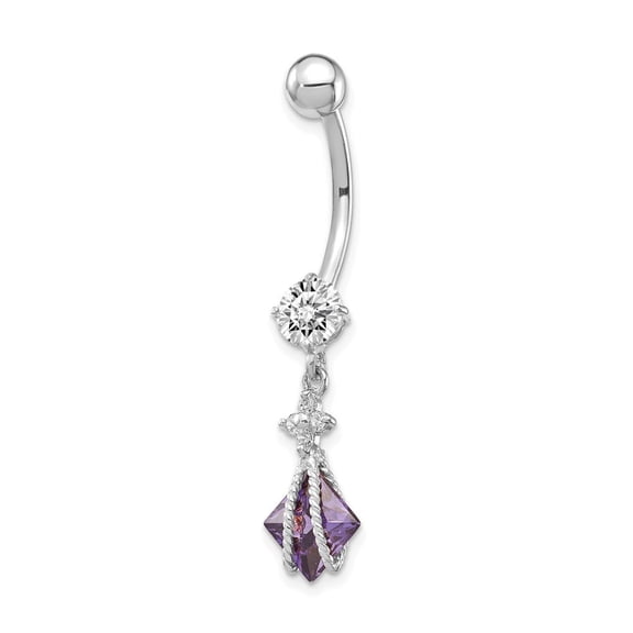 10k White Gold With Dangle 6mm Sq Amy Cubic Zirconia Belly Ring Dangle