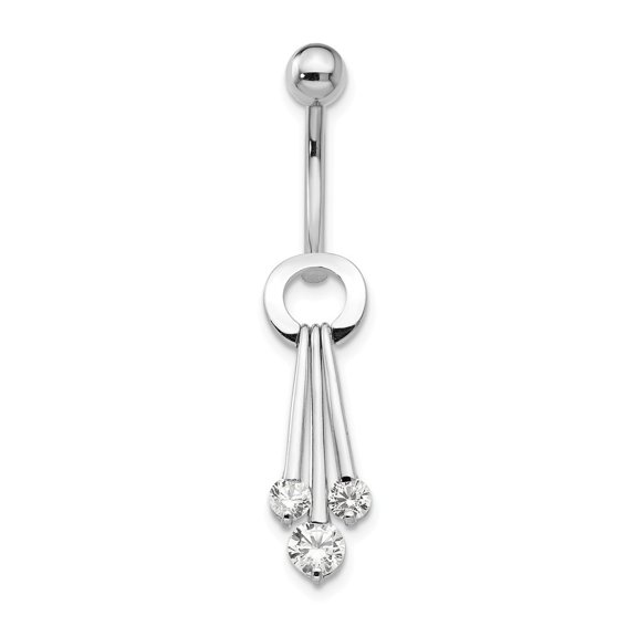 10k White Gold With Dangly Cubic Zirconias Belly Ring Dangle - Measures 40x7mm Wide