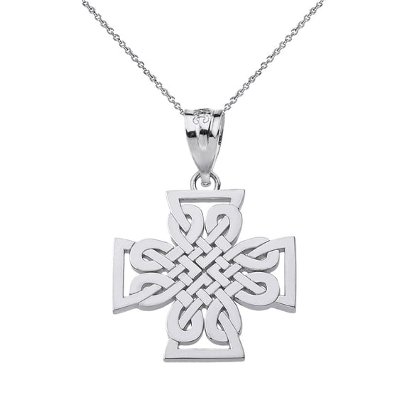 10k White Gold Woven Celtic Cross Pendant / Necklace (18 Inches)