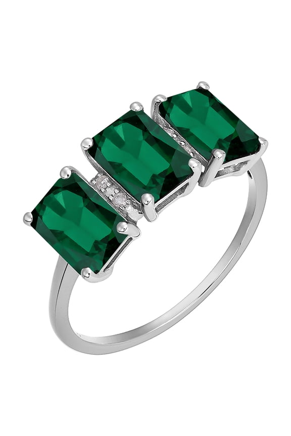 10k White Solid Gold Emerald-cut 3-Stone Created Emerald and Natural Diamond Birthstone Anniversary Ring