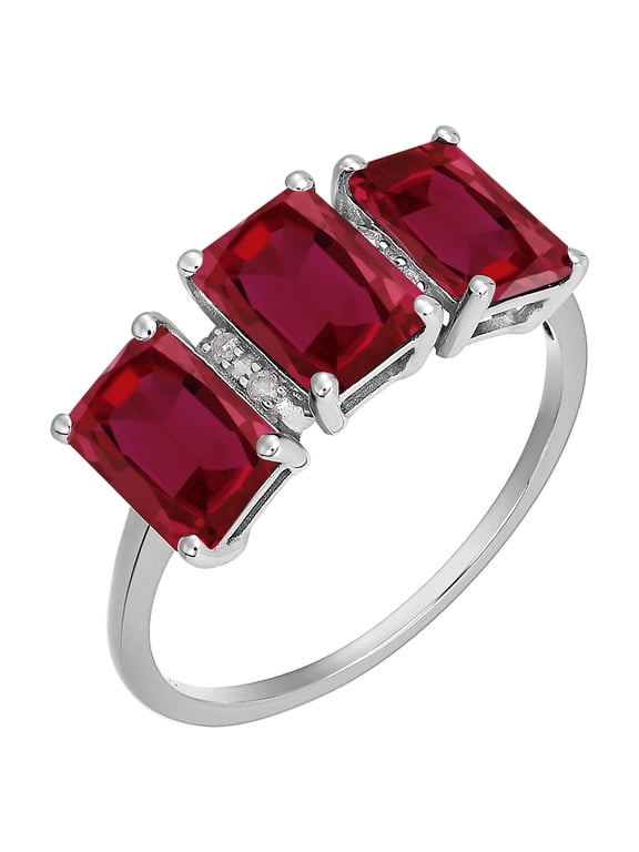 10k White Solid Gold Emerald-cut 3-Stone Created Ruby and Natural Diamond Birthstone Anniversary Ring