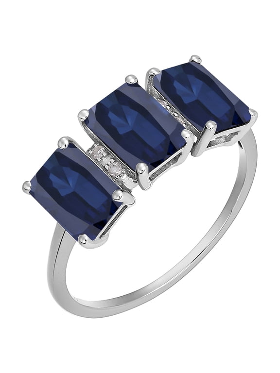 10k White Solid Gold Emerald-cut 3-Stone Created Sapphire and Natural Diamond Birthstone Anniversary Ring