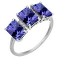 thumbnail image 1 of 10k White Solid Gold Emerald-cut 3-Stone Created Tanzanite and Natural Diamond Birthstone Anniversary Ring, 1 of 6
