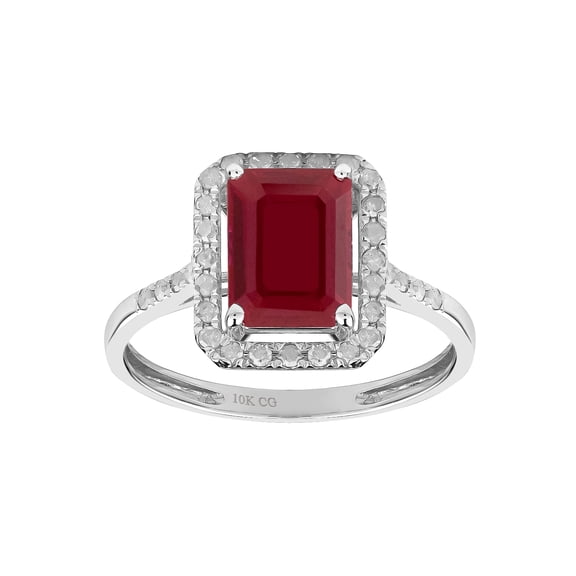 10k White Solid Gold Emerald-cut Created Ruby and Natural Diamond Halo Birthstone Engagement Ring