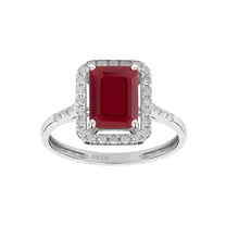 10k White Solid Gold Emerald-cut Created Ruby and Natural Diamond Halo Birthstone Engagement Ring