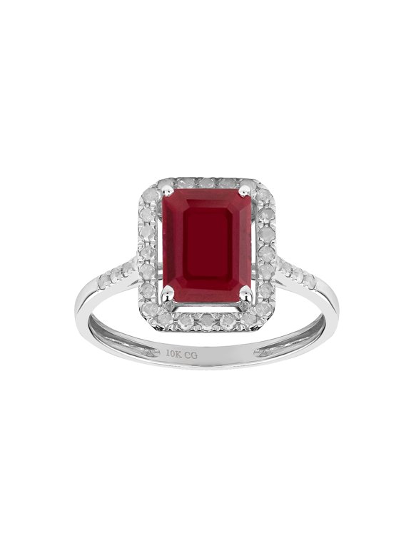 10k White Solid Gold Emerald-cut Created Ruby and Natural Diamond Halo Birthstone Engagement Ring