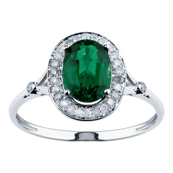 10k White Solid Gold Oval Created Emerald and Natural Diamond Halo Birthstone Engagement Ring