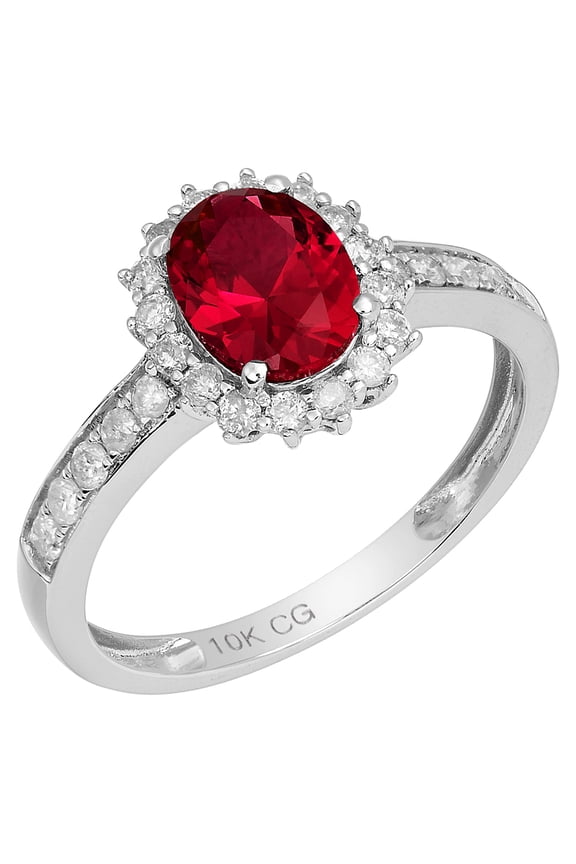 10k White Solid Gold Oval Created Ruby and Natural Diamond Halo Birthstone Engagement Ring