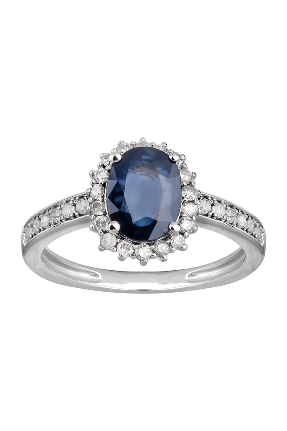 10k White Solid Gold Oval Natural Sapphire and Natural Diamond Halo Birthstone Engagement Ring