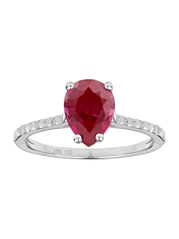10k White Solid Gold Pear-Shape Created Ruby and Natural Diamond Ring