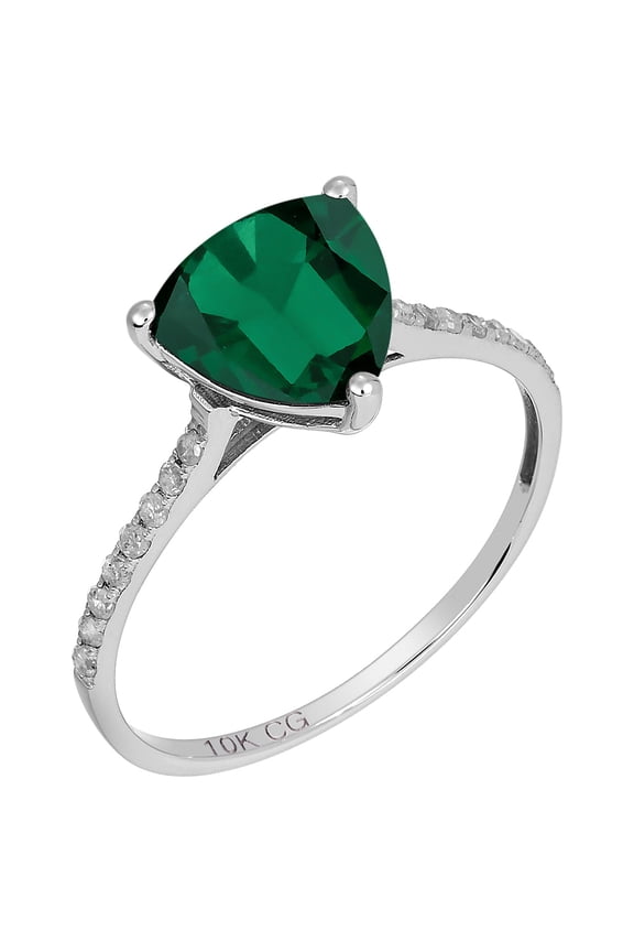 10k White Solid Gold Trillion Created Emerald and Natural Diamond Birthstone Engagement Ring