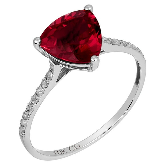 10k White Solid Gold Trillion Created Ruby and Natural Diamond Birthstone Engagement Ring