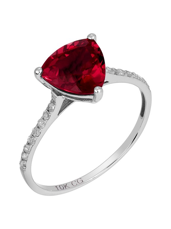 10k White Solid Gold Trillion Created Ruby and Natural Diamond Birthstone Engagement Ring