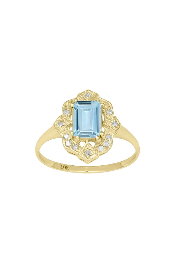 10k White or Yellow Gold Vintage Style Genuine Emerald-Cut Aquamarine and Diamond Ring