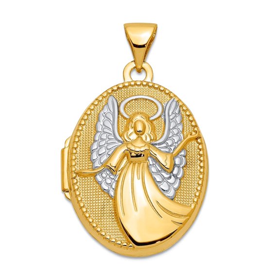 10k With Rhodium 21mm Oval Guardian Angel Locket Locket Necklace for Women - .9 Grams
