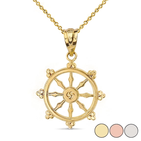 10k Yellow Buddhism Dharmachakra Dharma Wheel Pendant (16 Inches)