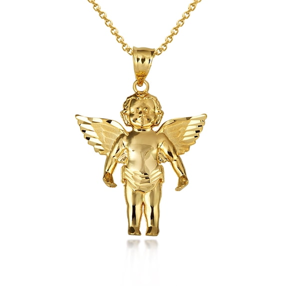 10k Yellow Cherub Angel Wings Diamond Cut Pendant (Small/Large) (SMALL) (16 Inches)
