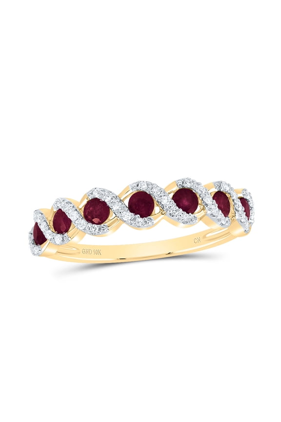 10k Yellow Gold 1/10 Ctw Natural Diamond & 1/2 Ctw Round Ruby Gems Ladies Band, Anniversary Ring