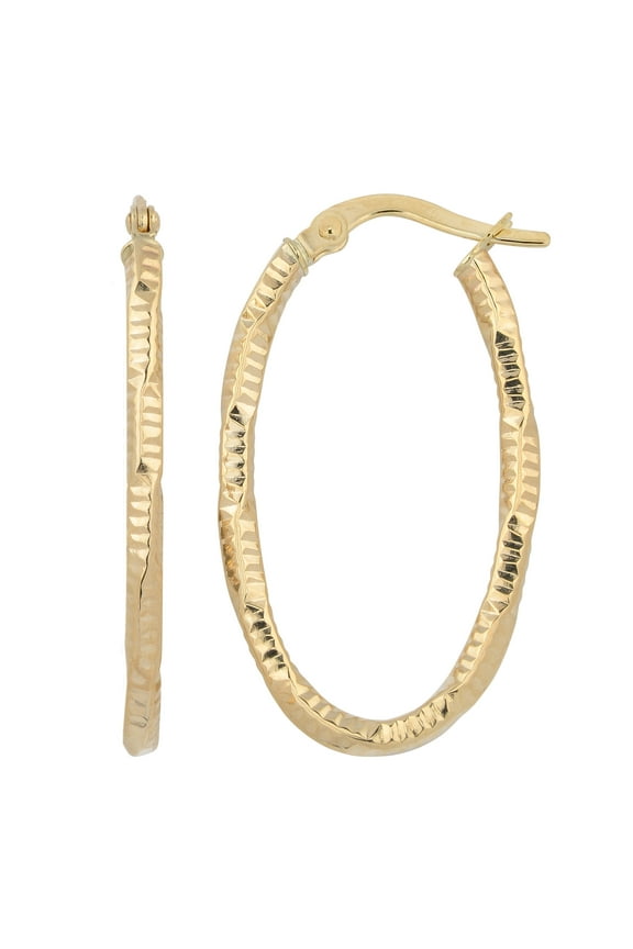 Oval Hoop Earrings 10k Yellow Gold - Textured 2mm