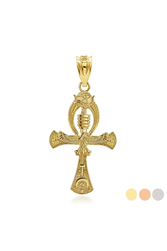 10k Yellow Gold 3D Egyptian Ankh Cross Eagle Eye of Horus Wadjet Pendant Necklace (PENDANT ONLY)