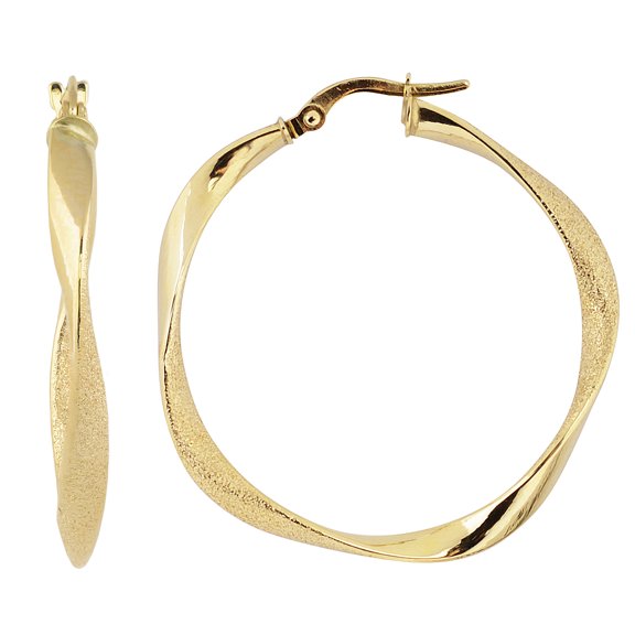 KoolJewelry 10k Yellow Gold 3x25mm High Polish and Glass Blast Finish Twisted Hoop Earrings