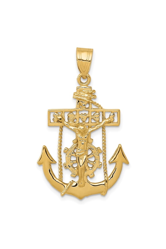 10k Yellow Gold Anchor Crucifix Cross Pendant Necklace for Men and Women Nautical Religious Jewelry with Mariners Charm and Rope Chain for Faith Strength and Spiritual Style