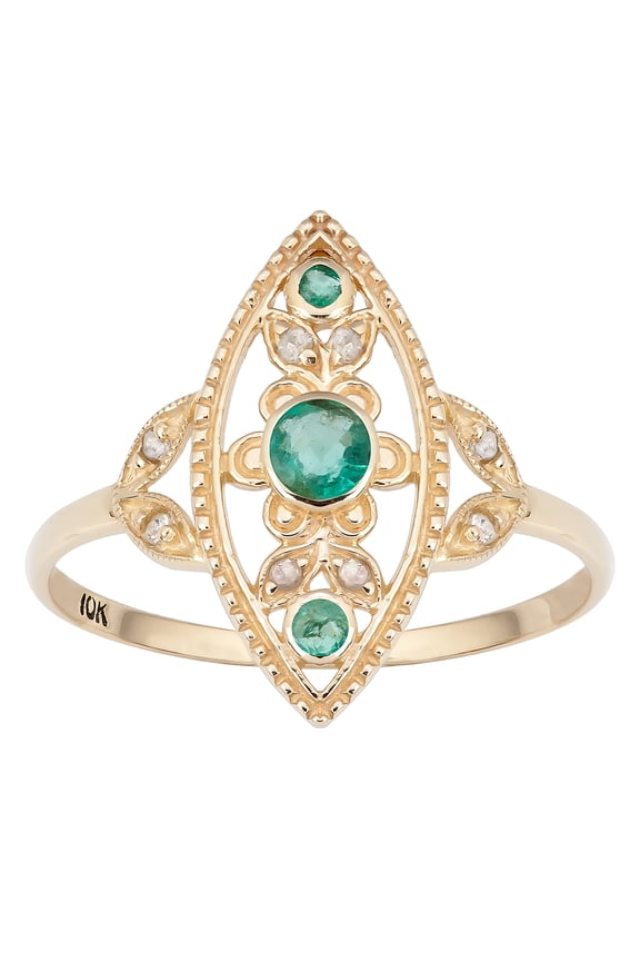 10k Yellow Gold Antique Style Genuine Round Emerald and Diamond Ring