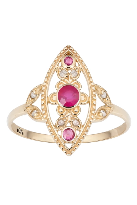 10k Yellow Gold Antique Style Genuine Round Ruby and Diamond Ring