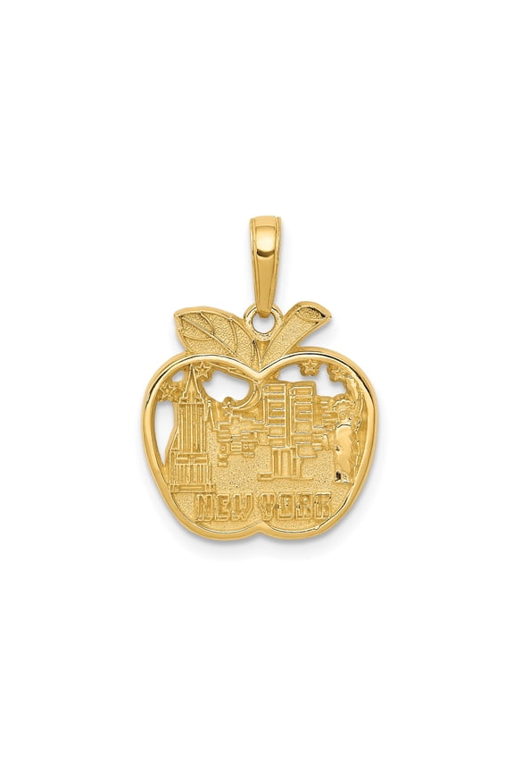 10k Yellow Gold Apple Pendant with New York City Skyline and Statue of Liberty for Women or Unisex, NYC Souvenir Necklace, Big Apple Symbolic Urban Jewelry