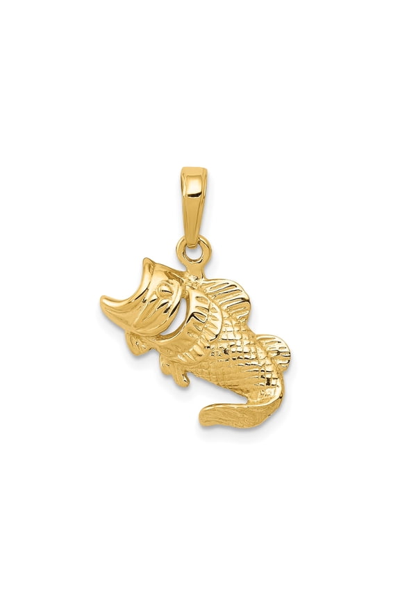 10k Yellow Gold Bass Fish Pendant for Men or Unisex, Detailed Angler Charm with Scales and Fins, Realistic Fishing Jewelry for Outdoorsman, Nature and Sport Inspired Necklace