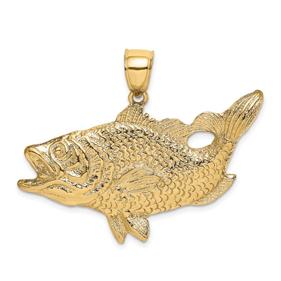 10k Yellow Gold Bass Pendant for Men and Women, Detailed Fish Necklace Symbolizing Strength and Patience, Angler Jewelry for Nature Lovers, Outdoor Fishing and Hunting Accessory