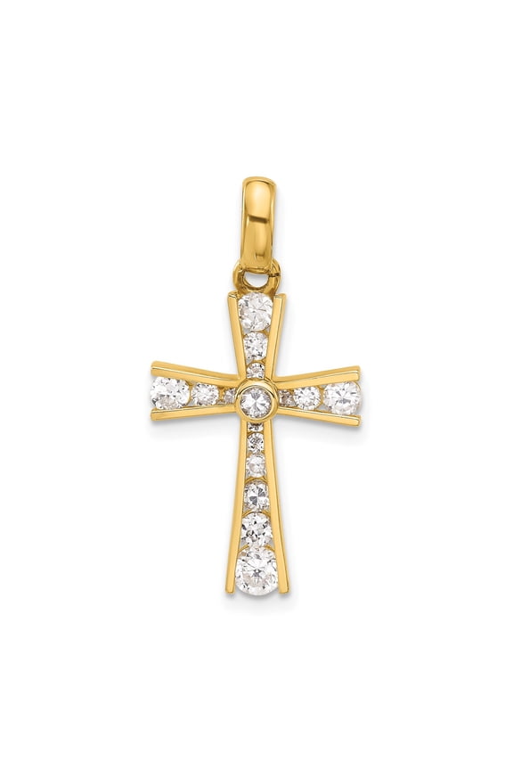 10k Yellow Gold CZ Latin Cross Pendant Necklace for Men and Women with Bezel Gemstone Polished Finish Religious Fine Jewelry Modern Classic Faith Symbol Statement Style
