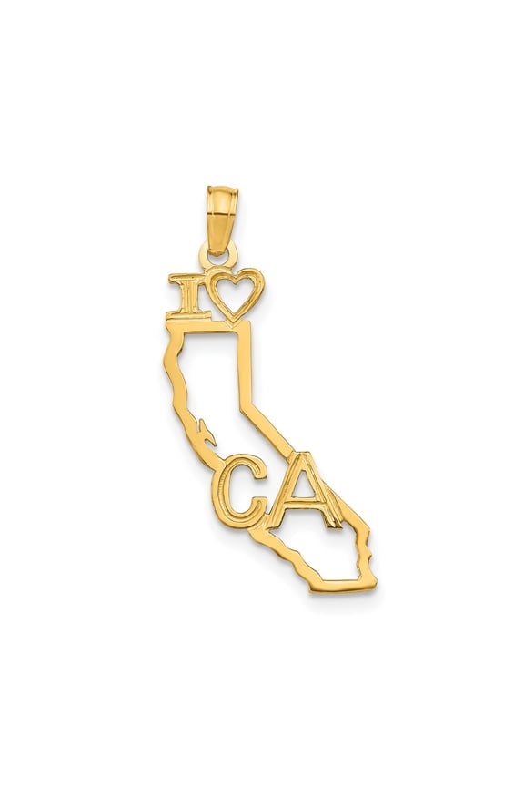 10k Yellow Gold California I Love CA Heart Pendant Charm, Polished State Outline
